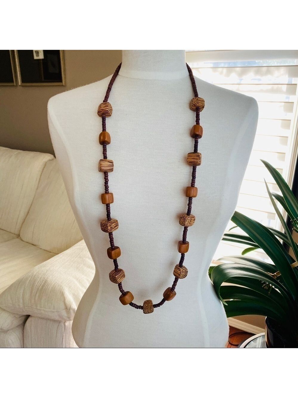 VINTAGE Long Wooden Bead Necklace Tribal Boho